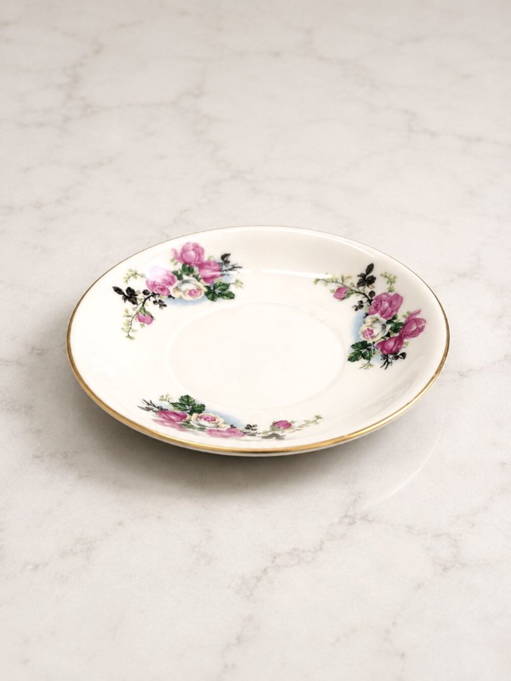 Vintage 1970s Jinzhou China Porcelain Saucer Pink Roses Gold Trim 6" Floral